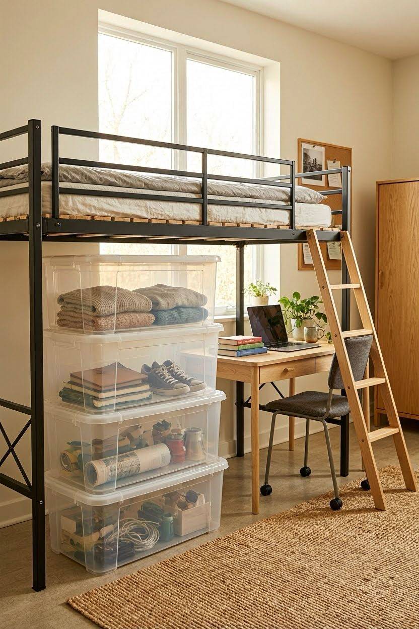 Stackable storage bins tucked neatly under a lofted dorm bed frame