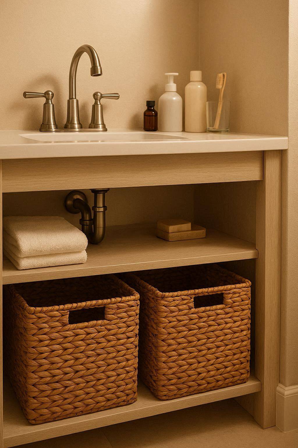Woven storage baskets organized under bathroom vanity sink