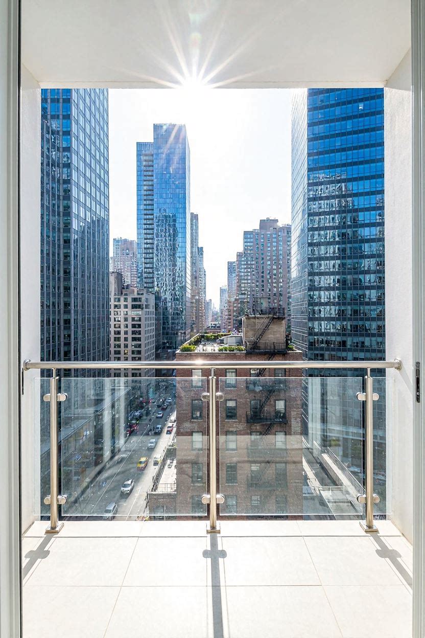 Sleek urban apartment balcony with stainless steel tube railing and city skyline view