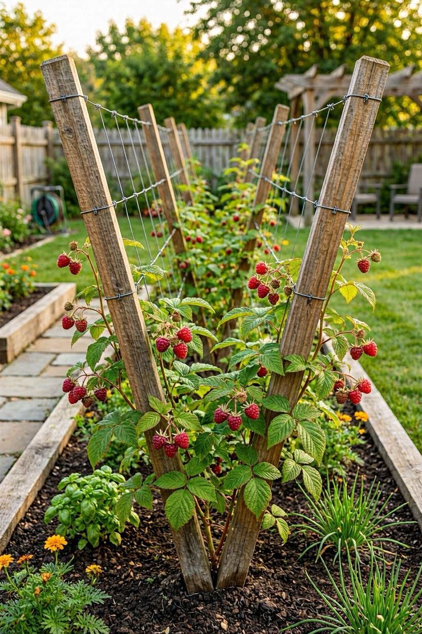 V-shaped raspberry trellis with canes spread to either side creating an open center for airflow and berry picking