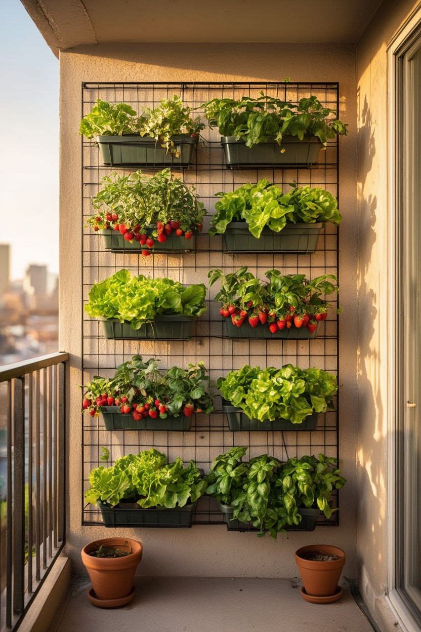 Small apartment vertical garden with wall-mounted metal grid planter boxes growing strawberries, lettuce, and herbs on a city balcony