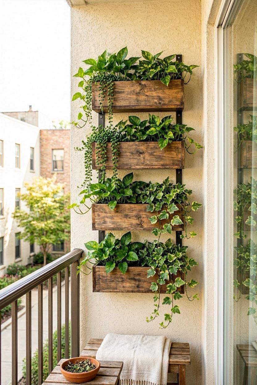 Vertical garden wall with hanging planters on apartment balcony