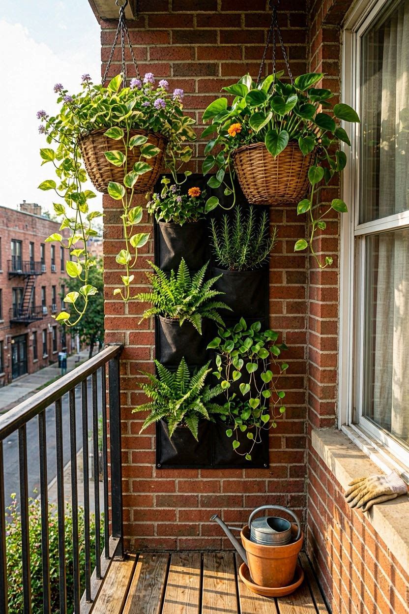 Vertical balcony garden using railing planters, hanging baskets and a tiered shelf