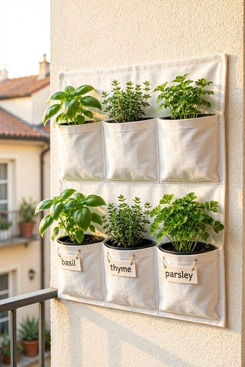 Vertical herb wall with labeled pockets on a white apartment balcony