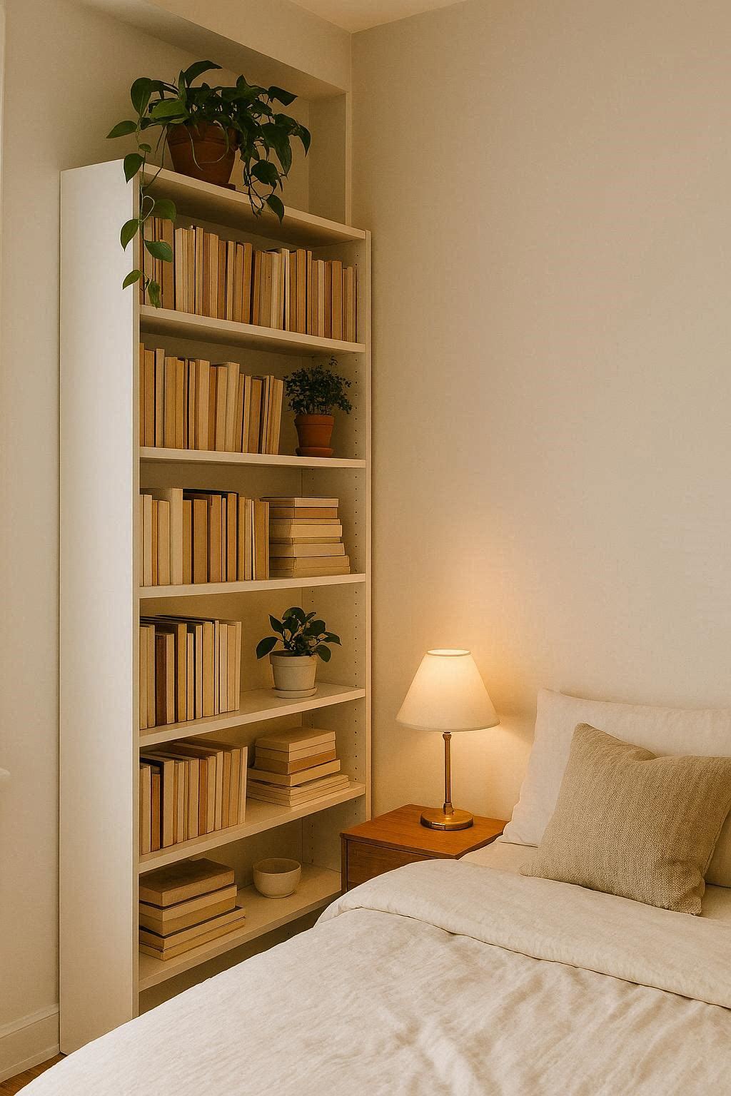 Floor-to-ceiling bookshelf beside bed in small bedroom with white walls, plants, and warm lighting