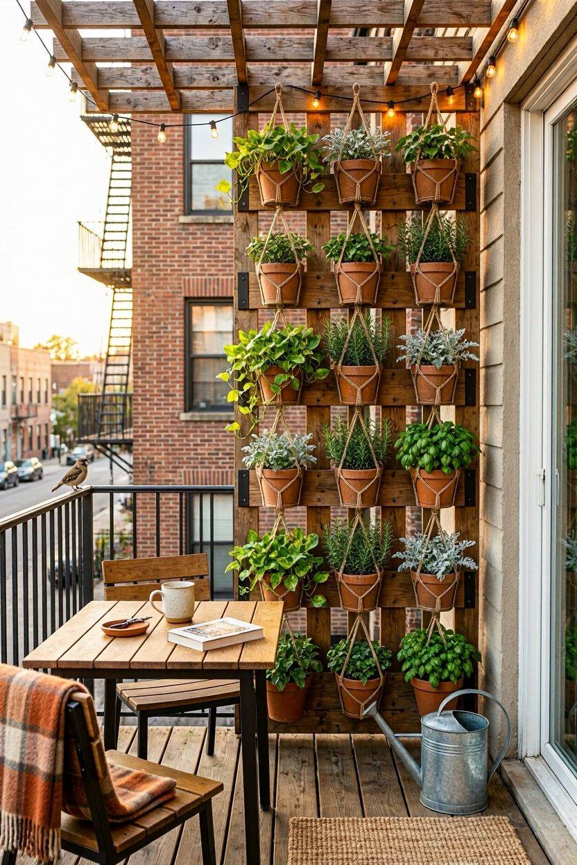 Vertical space-saving balcony garden layout with stacked planters and trellis panels