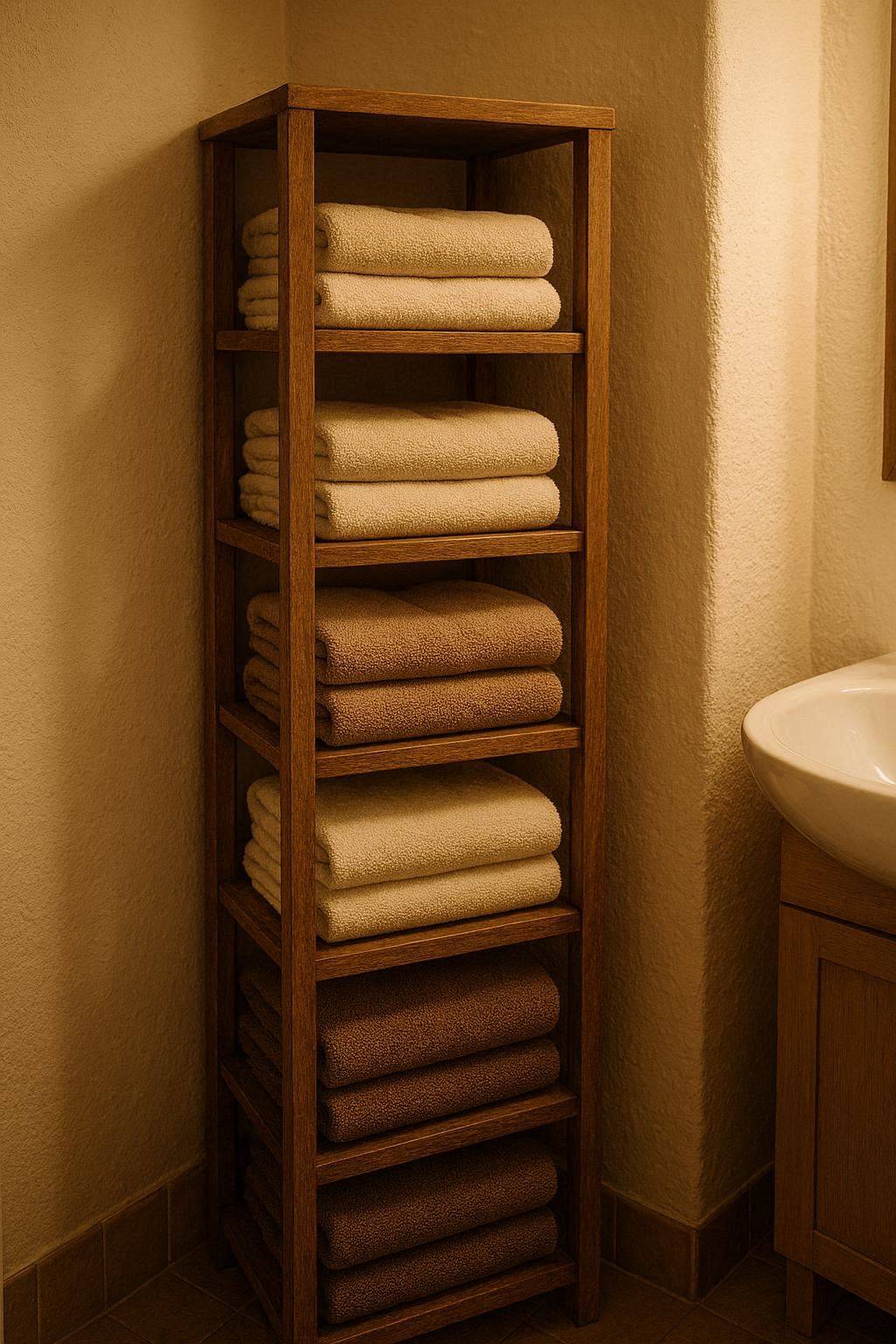 Tall narrow shelving unit used for towel and storage in small bathroom