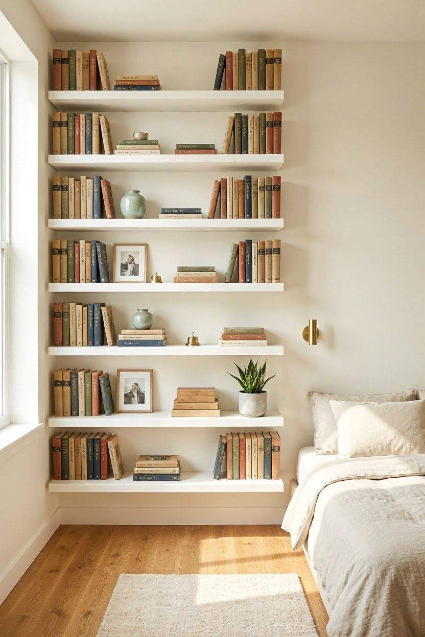 Tall vertical shelving unit next to bed in small 10x10 bedroom maximizing wall storage