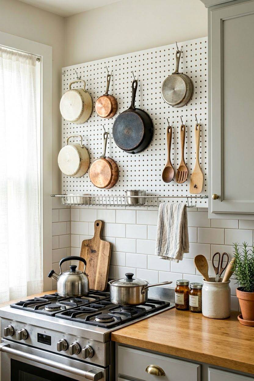 Pegboard wall storage holding pots and utensils in a small kitchen