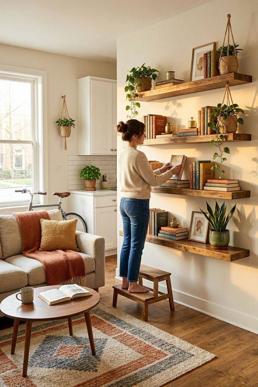 Floating wall shelves used for vertical storage in small apartment living room