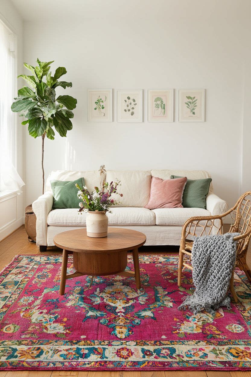 Vibrant hot pink Persian rug in a bright boho living room with rattan chairs and greenery