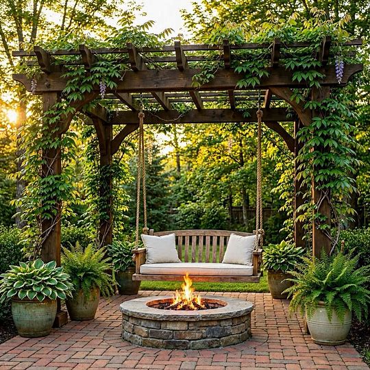 Lush vine-covered wood pergola with dark stained beams, a hanging wooden porch swing, round stone fire pit glowing with flame, and paver patio surrounded by green garden