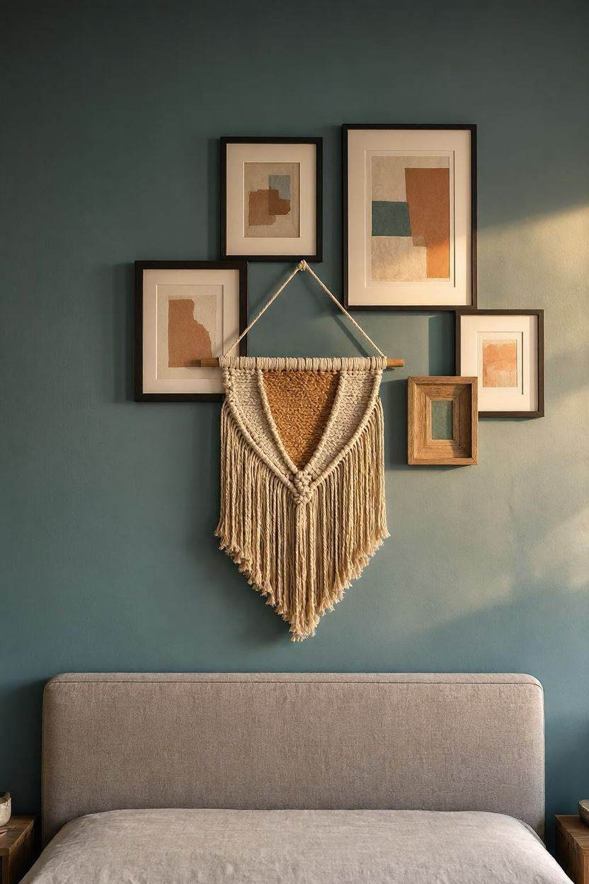 Accent wall with framed art and woven wall hanging above the bed
