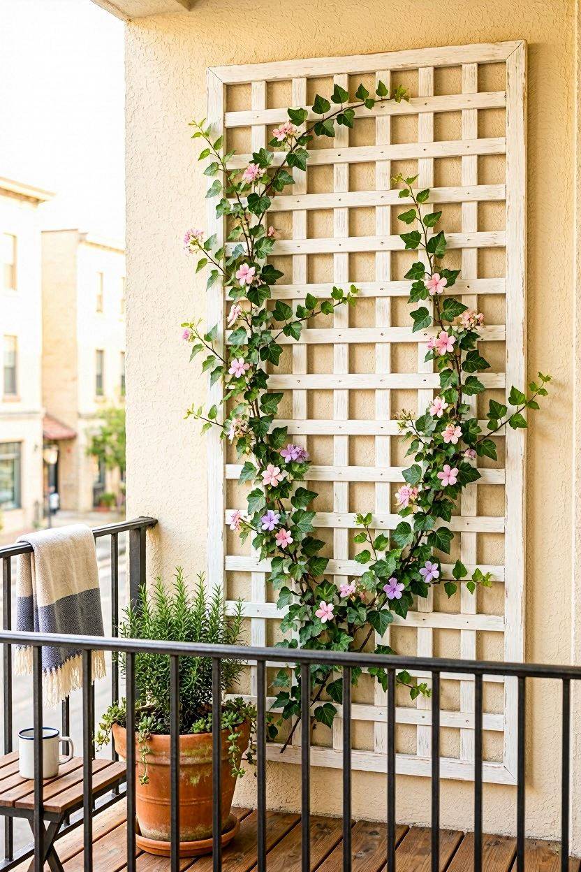 White wooden lattice panel mounted on a balcony wall with climbing ivy