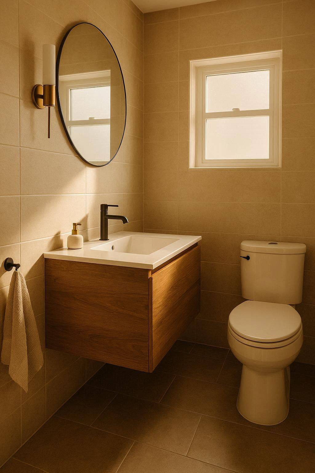 Wall mounted floating vanity in small bathroom with visible floor space
