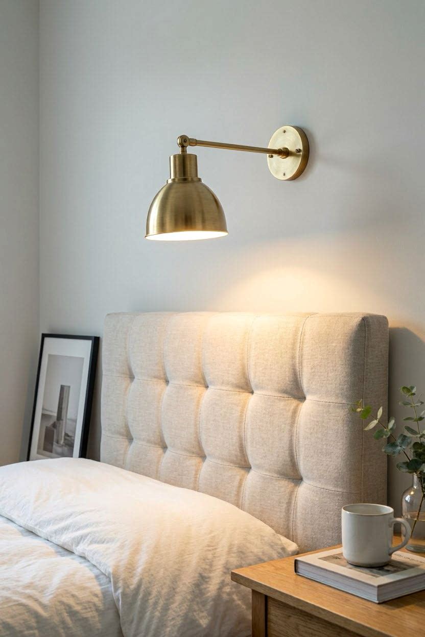 Warm brass wall sconce mounted beside a bed headboard in a neutral bedroom