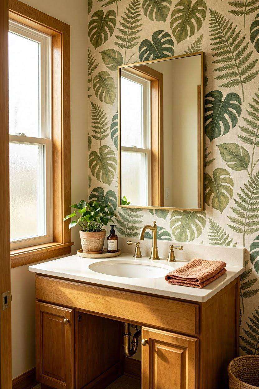 Bold botanical wallpaper accent wall behind guest bathroom vanity