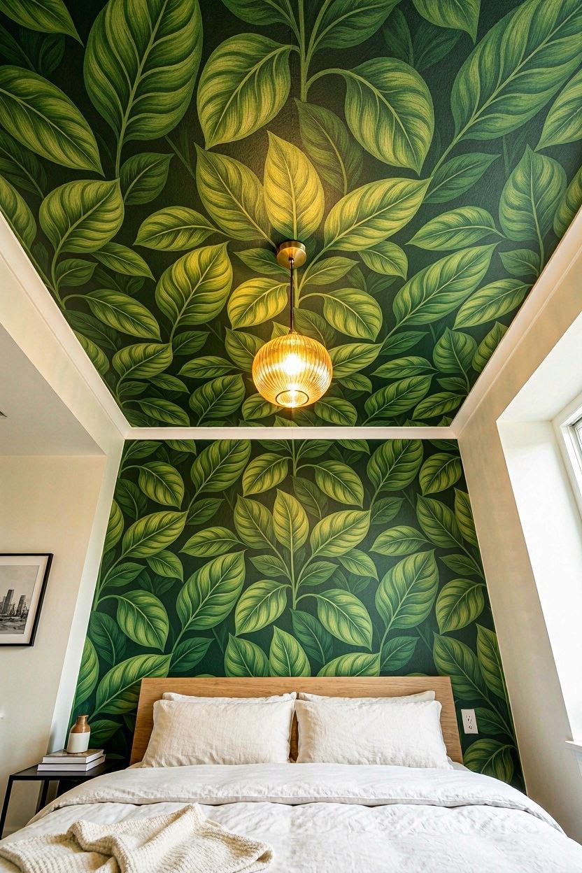 Bold wallpaper pattern applied to ceiling