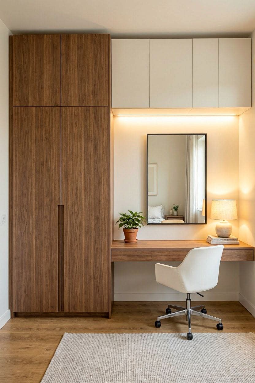 Wardrobe with integrated study desk and dressing table built in showing wood tones and recessed lighting