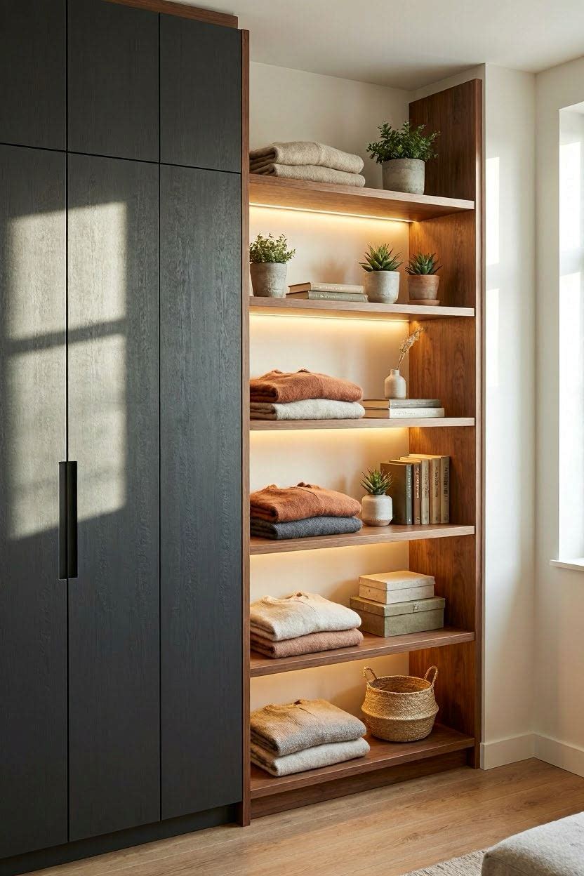 Wardrobe with open display shelving tower on right side showing books plants and decor items