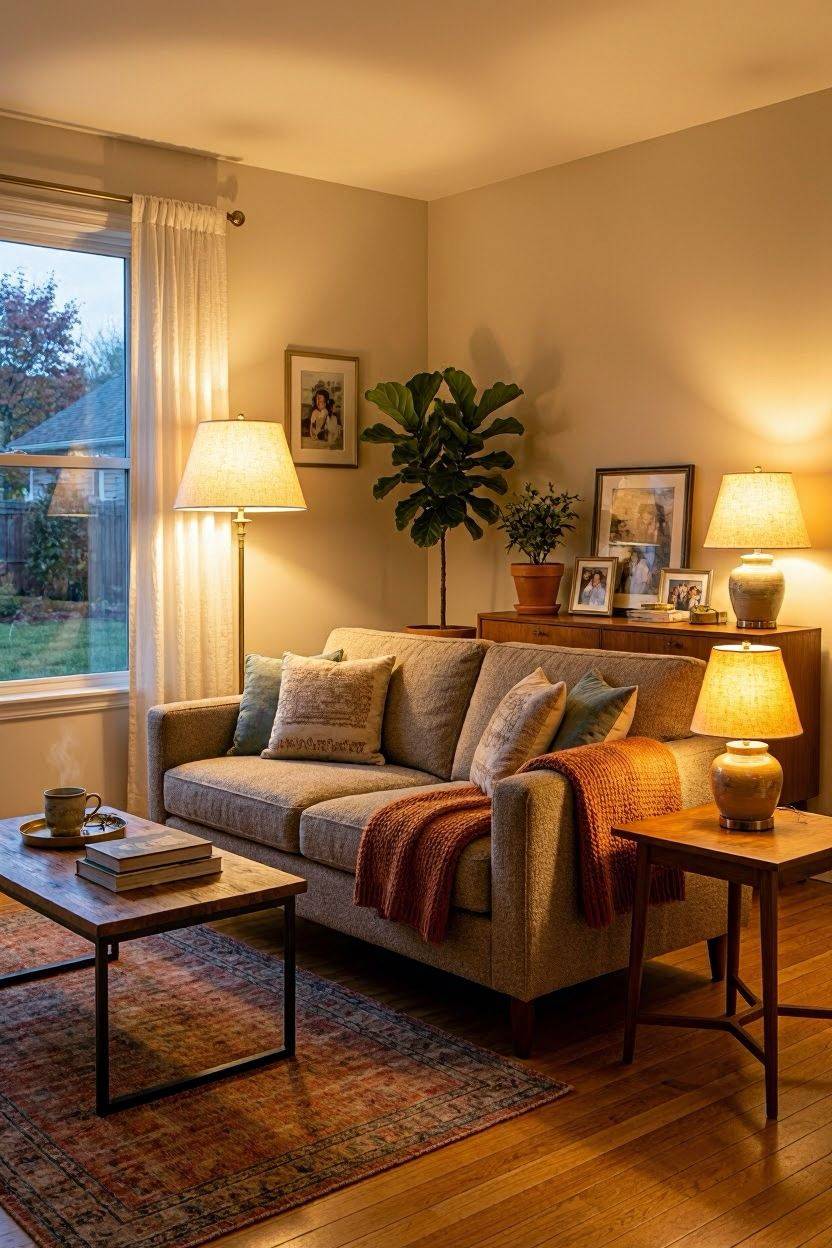 Warm floor lamp and table lamp creating soft ambient lighting in living room