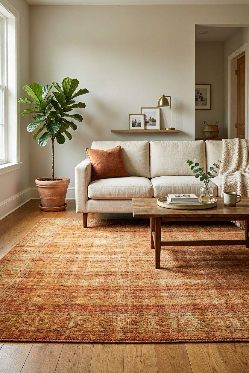 Living room with a large warm-toned area rug under a sofa and coffee table