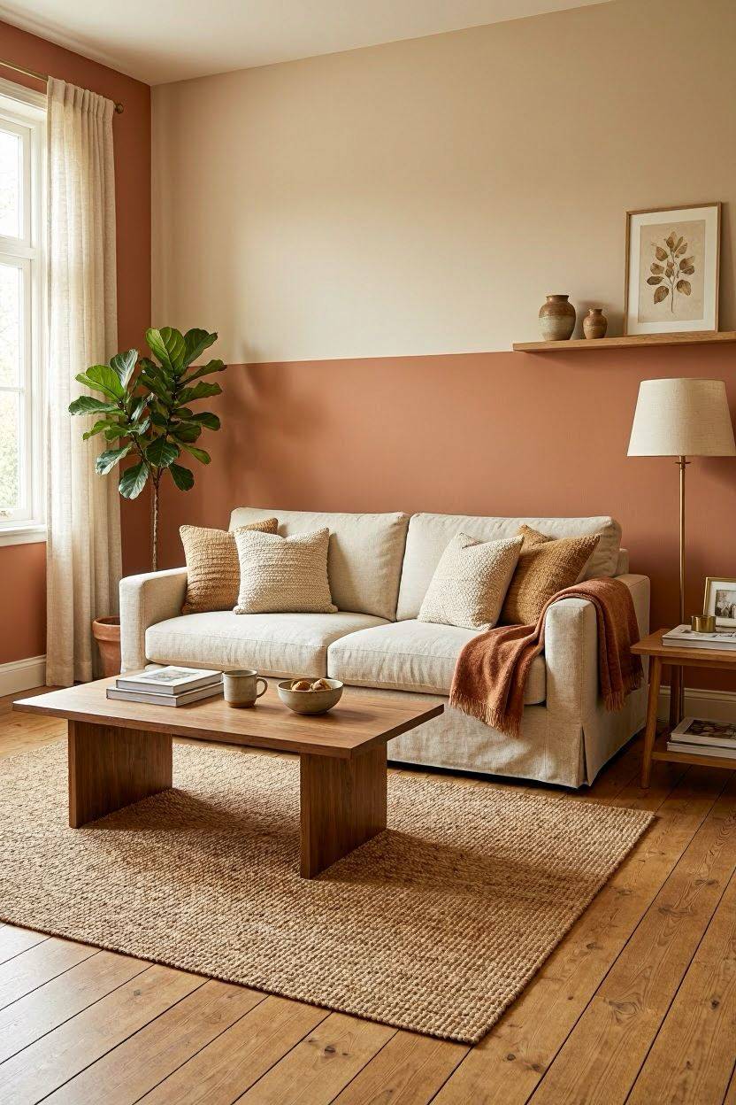 Warm terracotta and beige living room color palette on walls and furniture