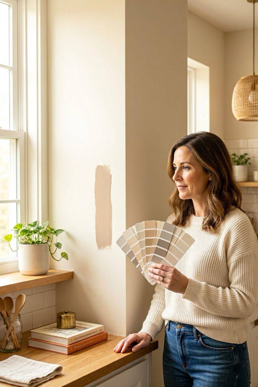Warm earthy color palette swatches with wood tones in a rustic kitchen