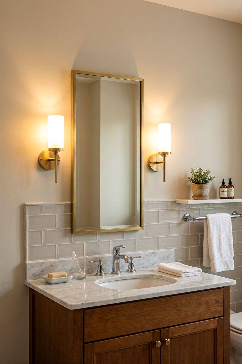 Warm brass sconces on either side of bathroom mirror