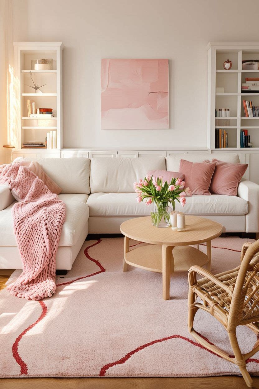 Wavy irregular pink rug with red squiggly border in a bright pink and cream living room