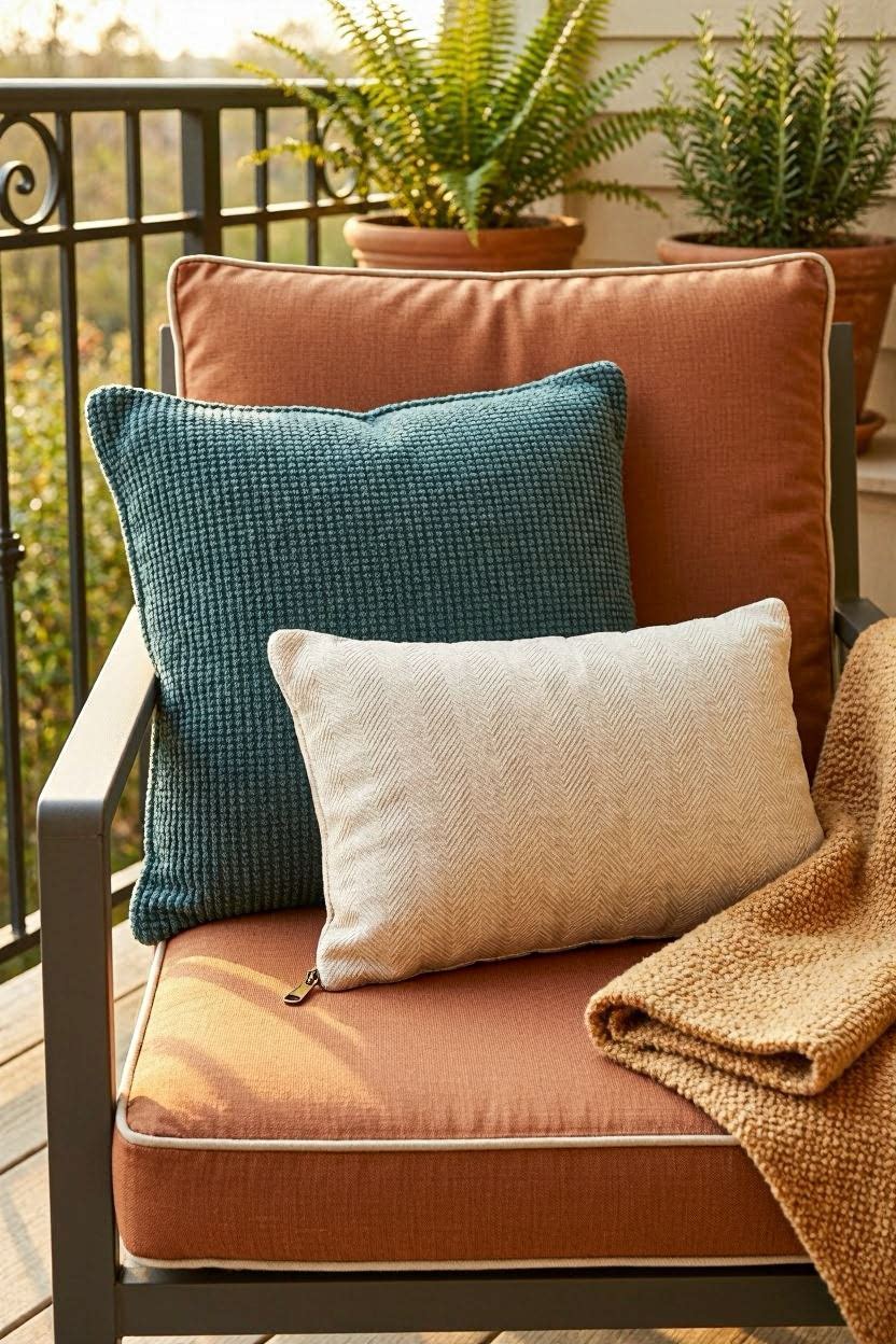 Weatherproof outdoor cushions and pillows on balcony seating