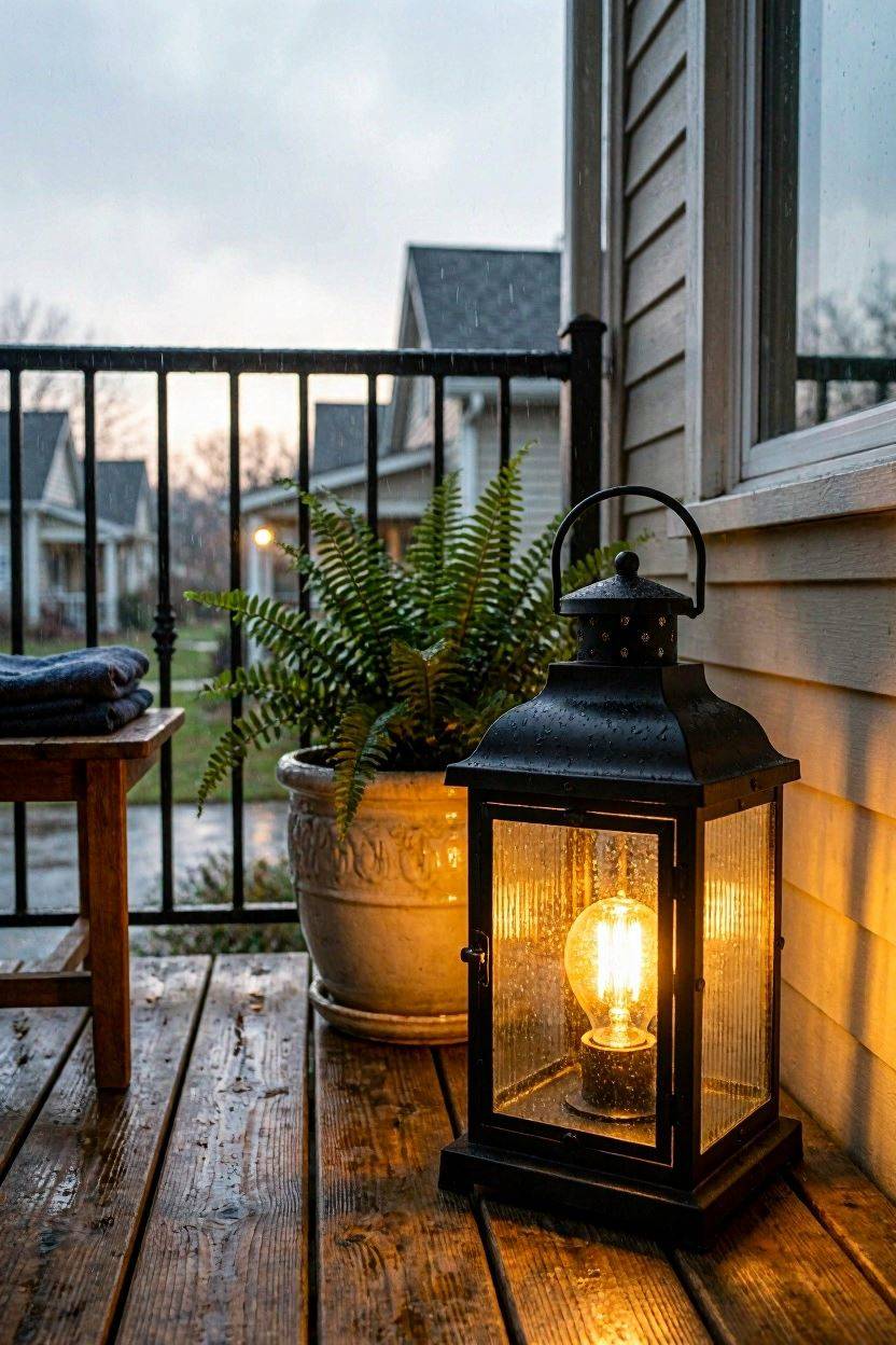 Weatherproof outdoor lantern positioned on a rain-exposed balcony corner