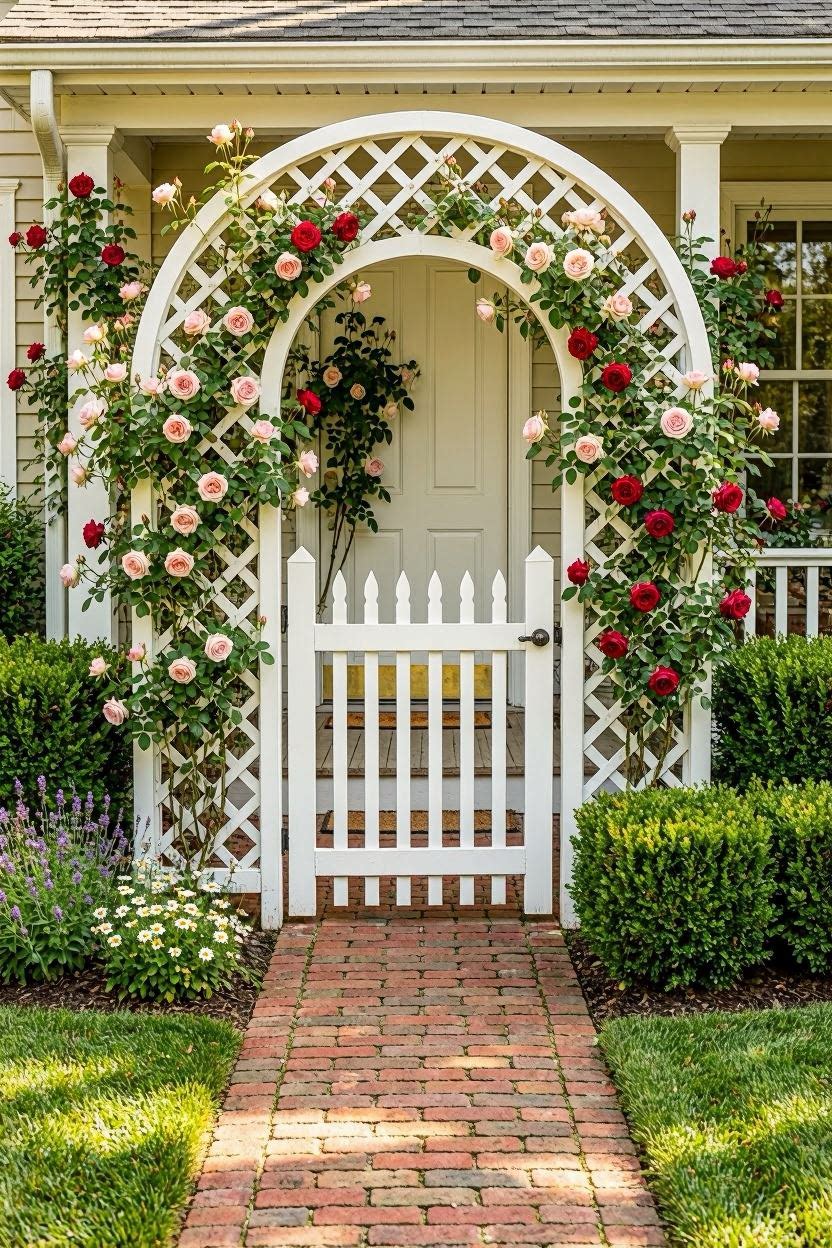 White painted lattice trellis arch at front gate covered with pink and red climbing roses with white picket fence beside American cottage home