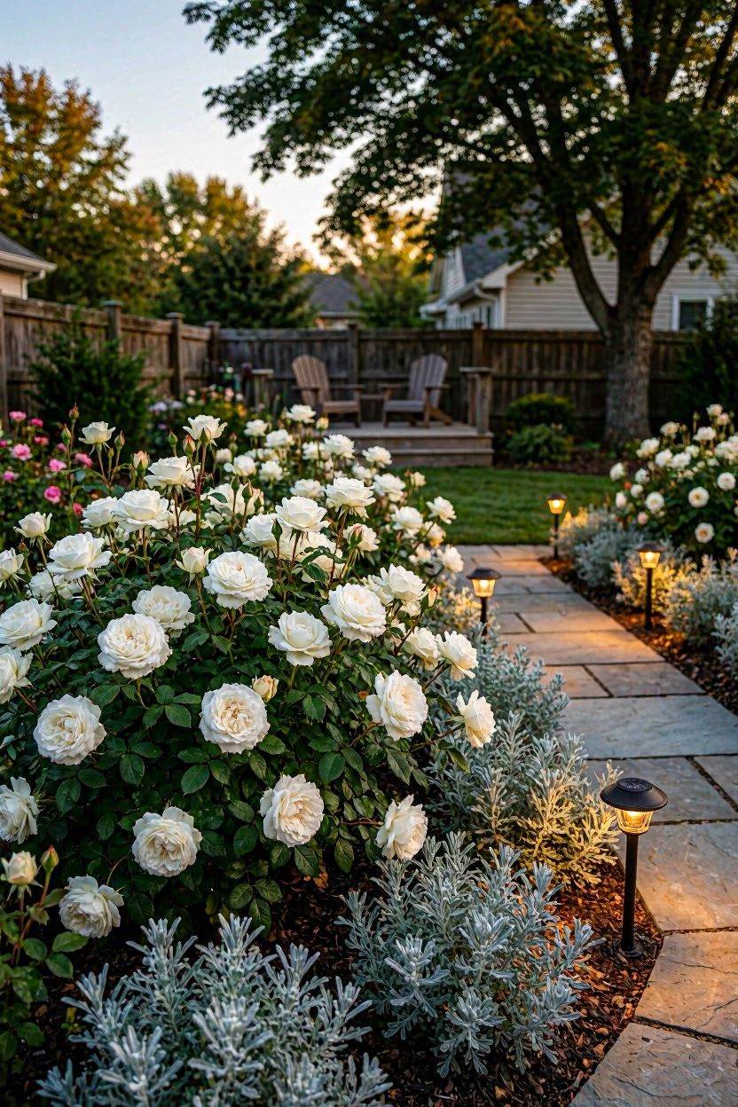 White rose garden glowing softly in evening light with moonflowers and silver foliage plants