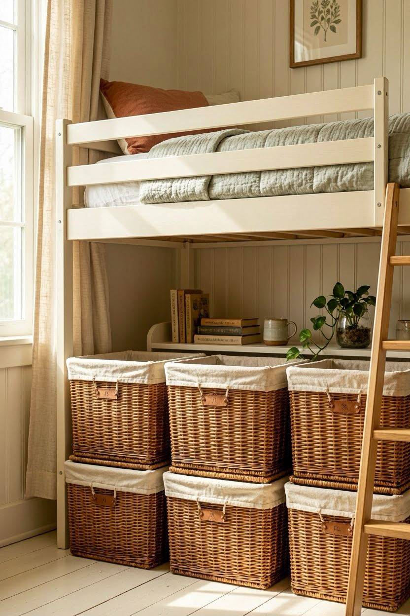Row of wicker baskets under a dorm bed used as stylish storage