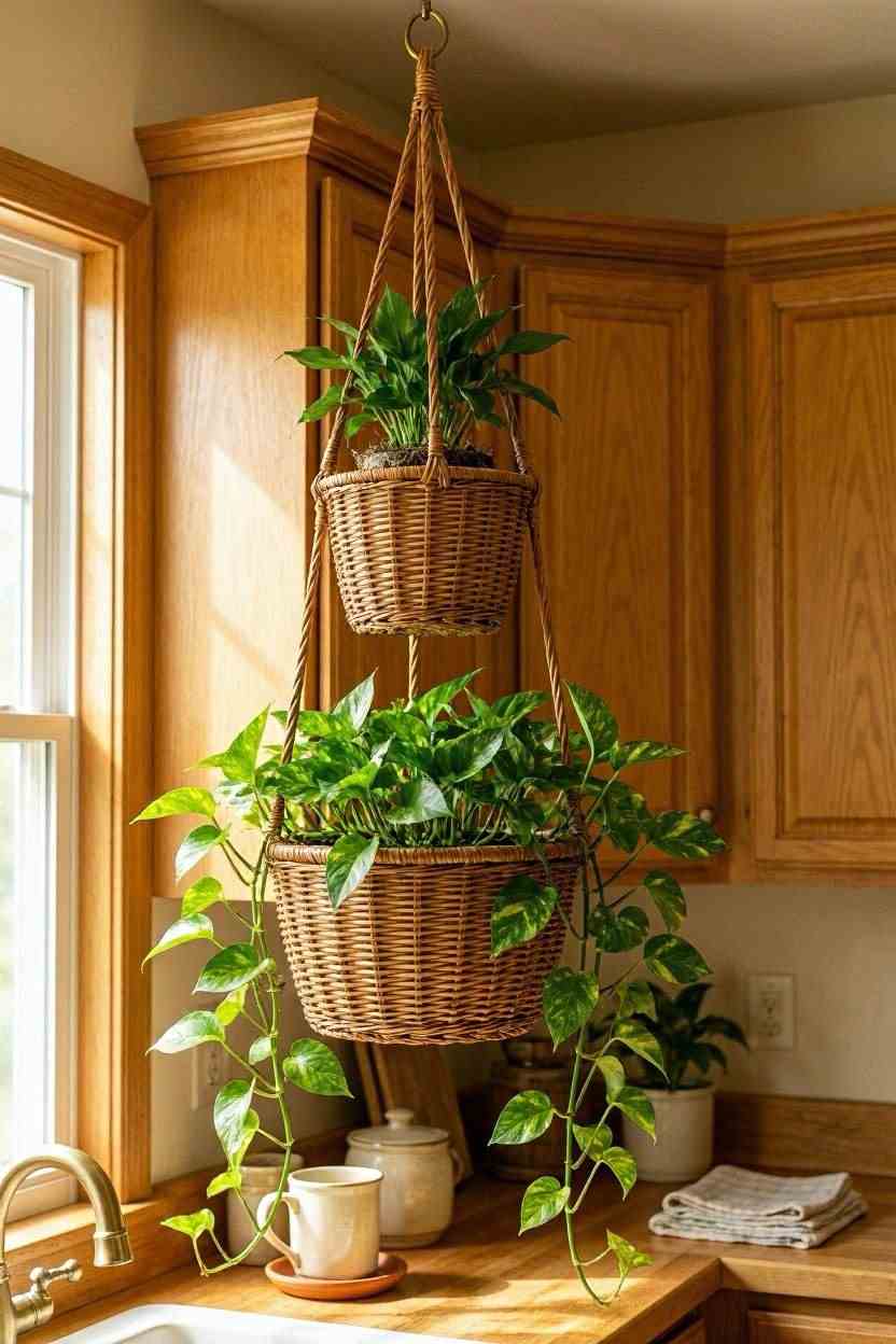 Two-tier wicker basket hanging planter with trailing green plants in a warm-toned kitchen