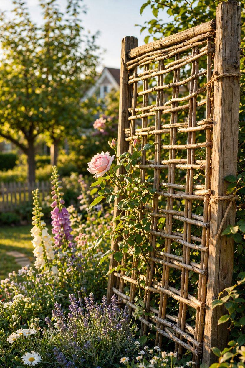 Woven willow branch trellis panel in garden