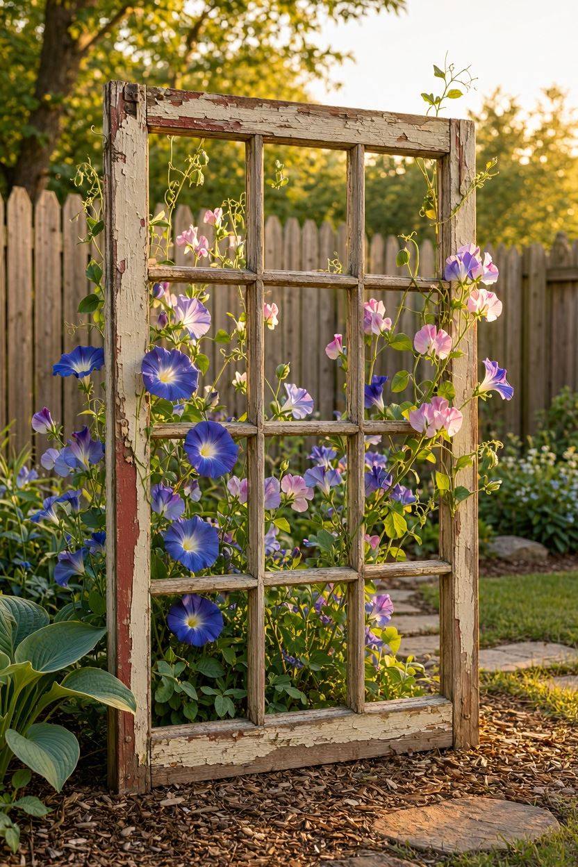 Old window frame repurposed as garden trellis