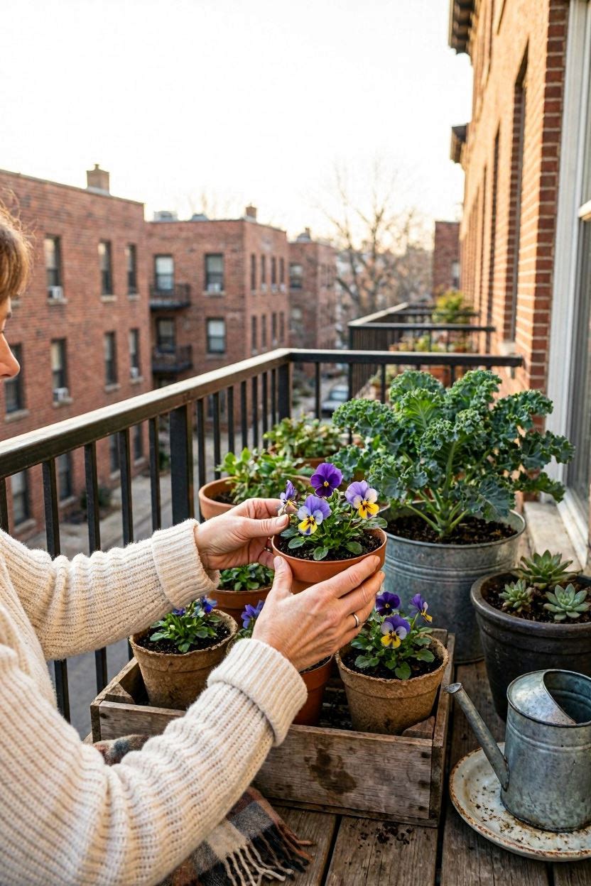 Pansies, ornamental kale and snapdragons in containers on a cool-weather balcony