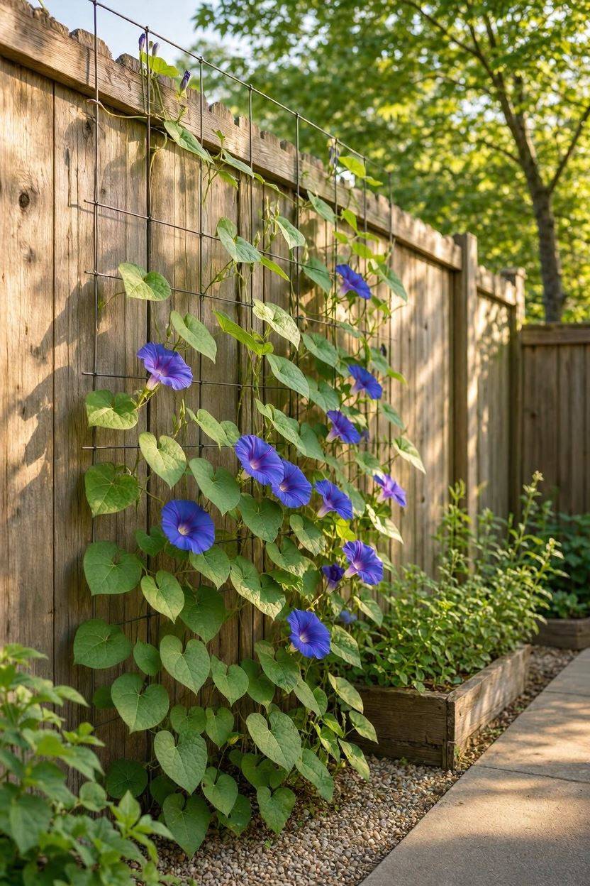 Vertical wire trellis with climbing vines on wall