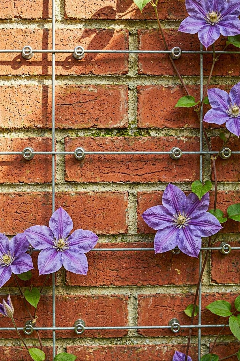 Horizontal galvanized wire trellis attached to a brick wall with eye bolts and purple clematis climbing across it