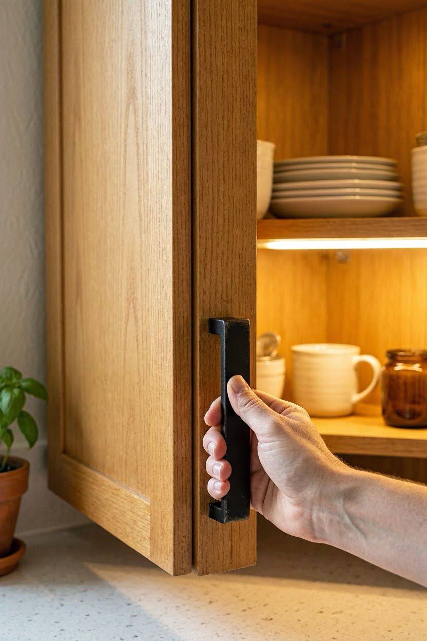 Kitchen cabinets mixing natural wood tones with black metal hardware