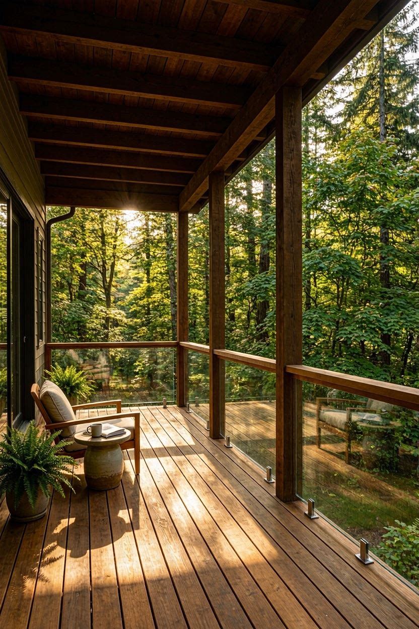 Warm wood and glass balcony railing on forest house with golden afternoon sunlight