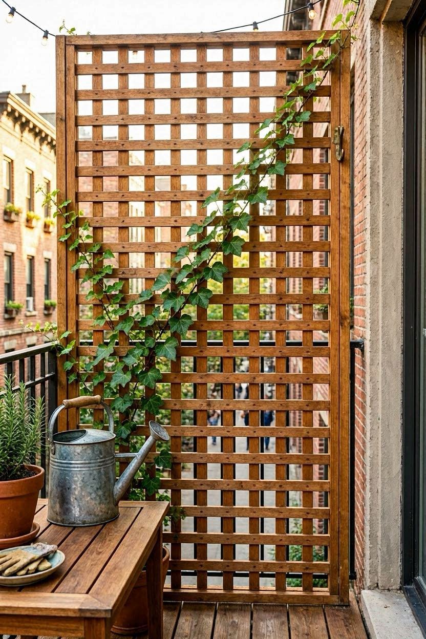 Wood lattice privacy panel attached to a balcony for a garden style enclosure