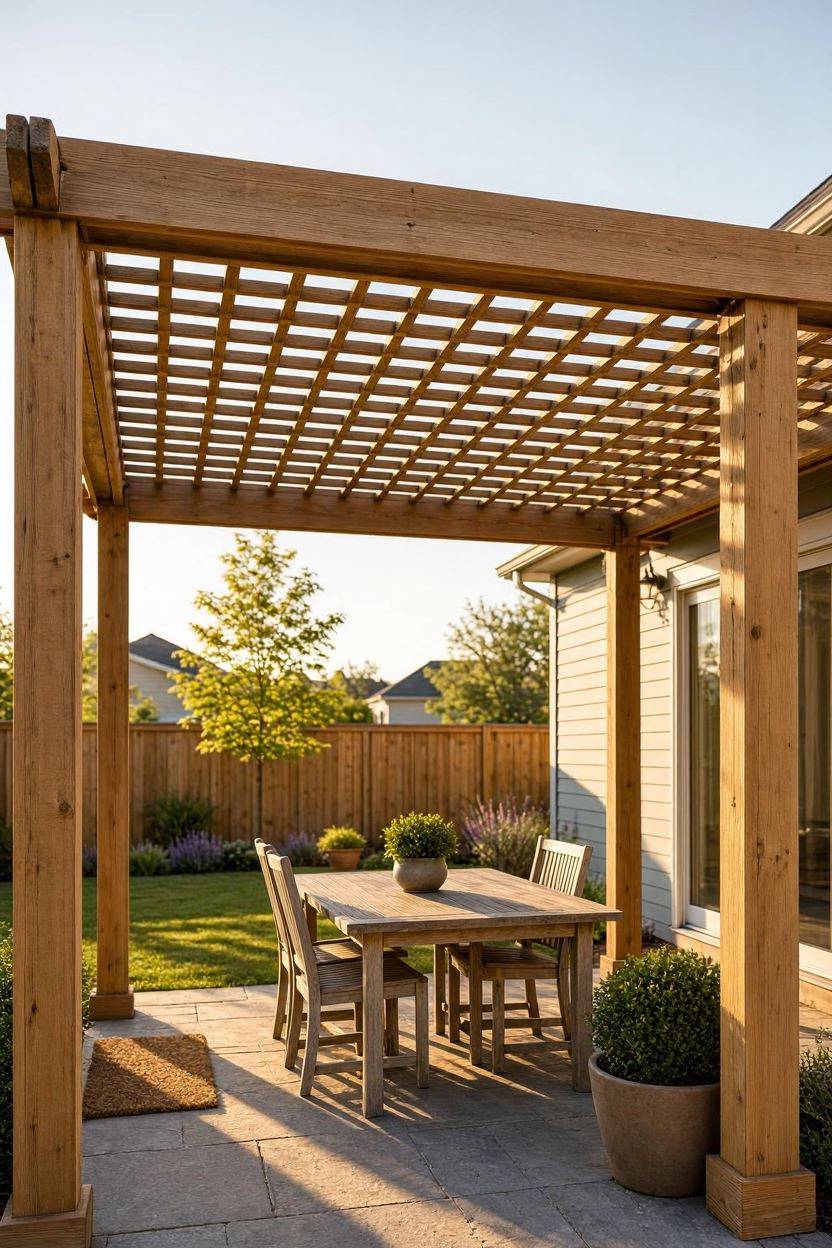 Classic cedar wood pergola with open trellis roof beams over patio