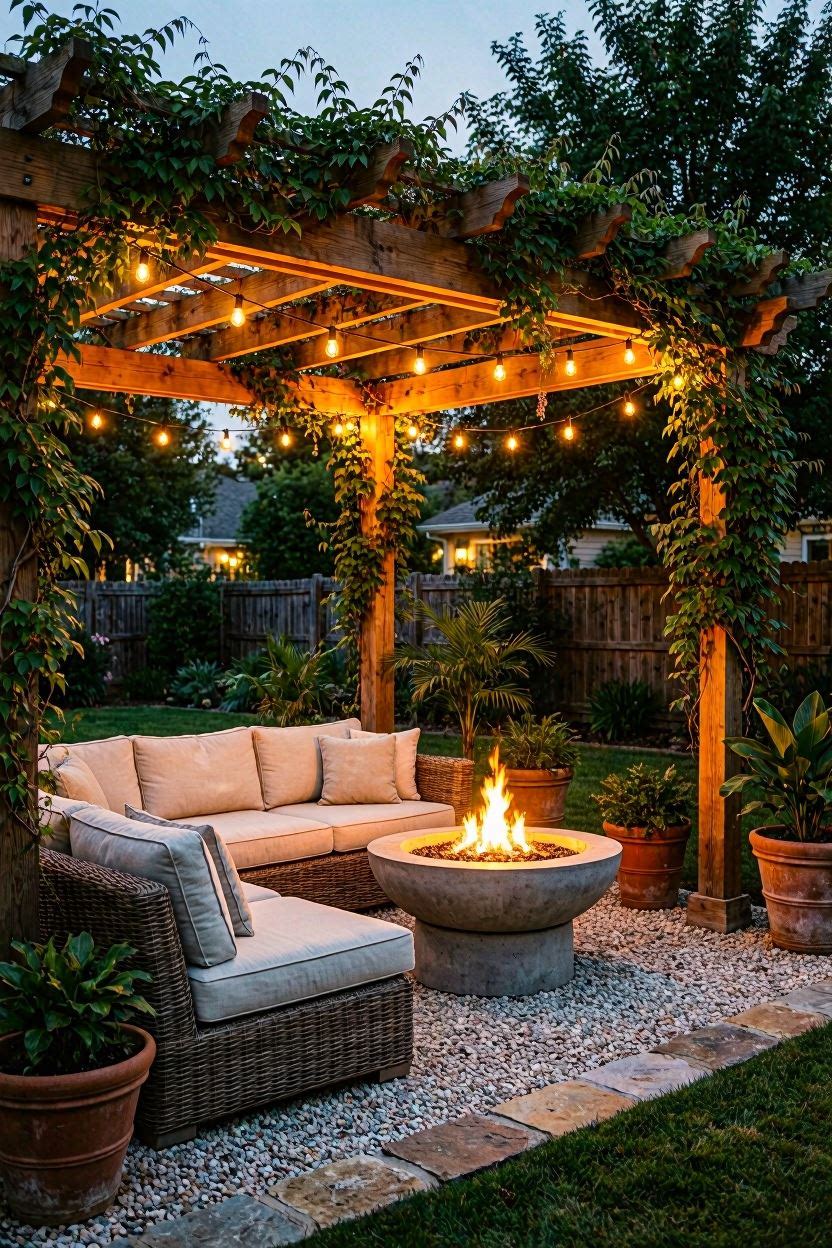 Natural wood pergola covered in climbing vines with an L-shaped white outdoor sofa and round concrete fire pit on white pea gravel at dusk
