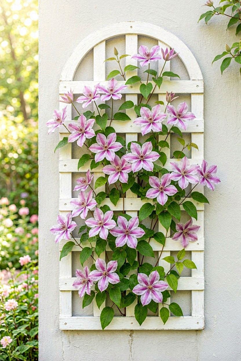 Wooden fan-shaped clematis trellis painted white fixed to a garden wall with purple clematis growing up through the slats