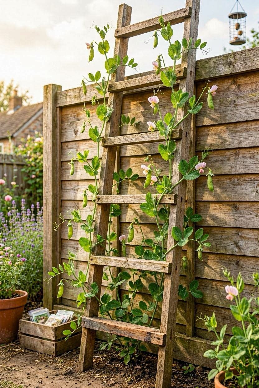 Rustic wooden ladder trellis leaning against a garden fence with pea vines climbing up