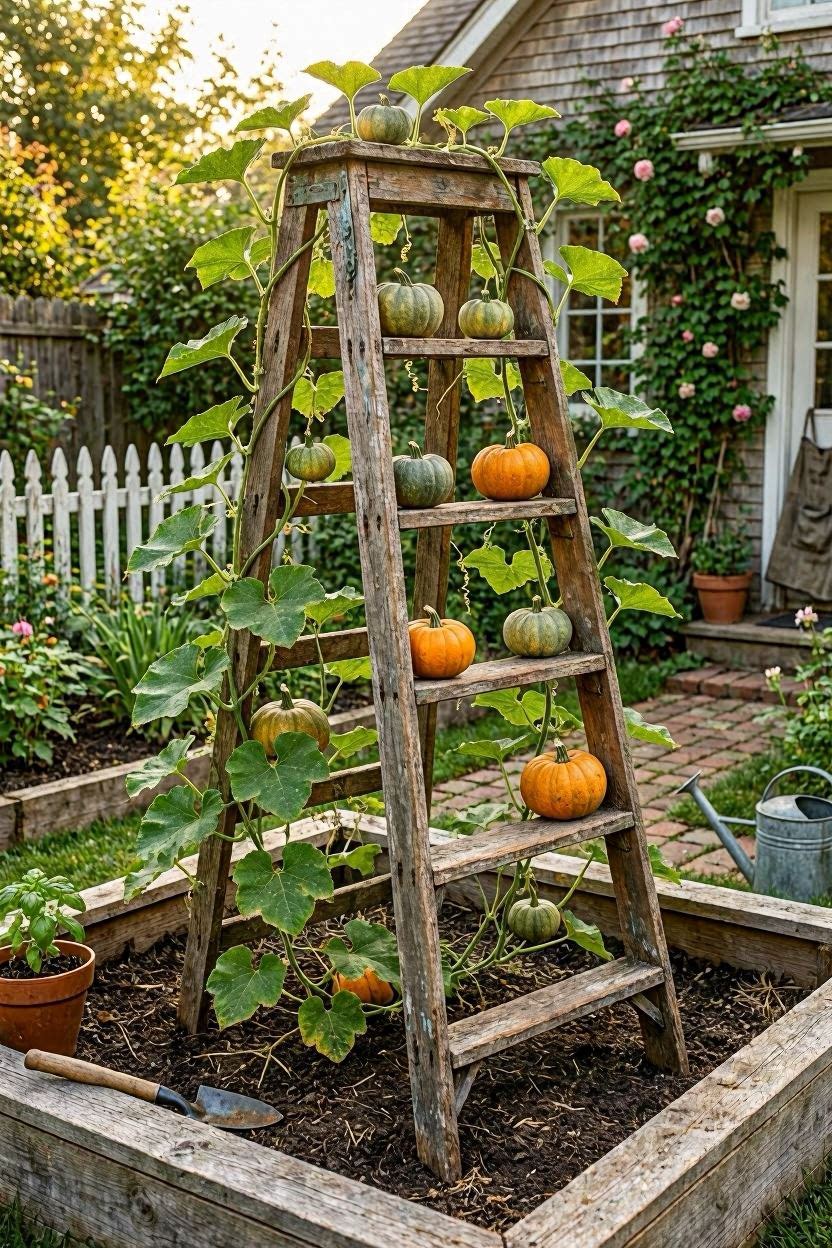 Repurposed wooden ladder used as pumpkin trellis in garden bed