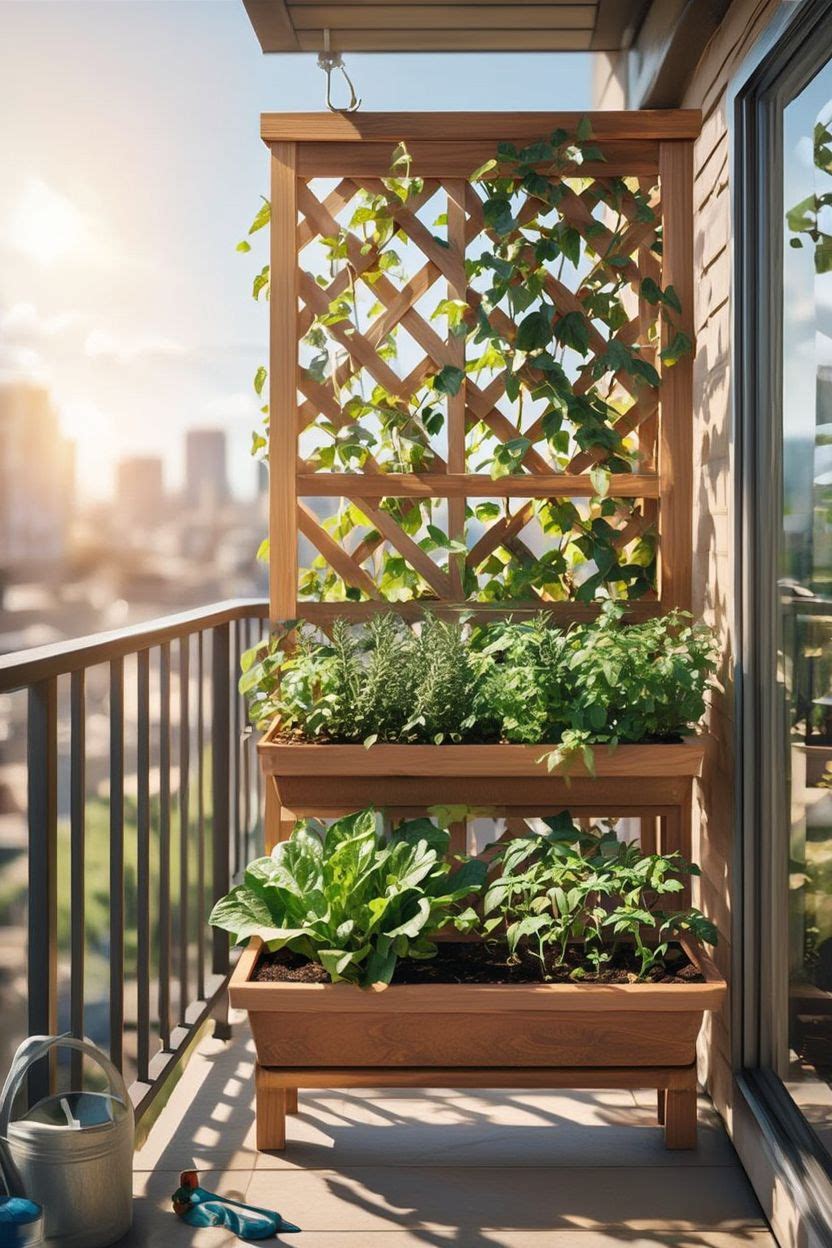 Warm wood trellis system with built-in rectangular planter boxes full of green leafy vegetables and herbs on a sunny apartment balcony, climbing vines on lattice background